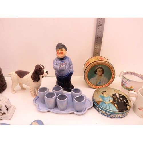 232 - SIX BALCK ONYX GOBLETS, RUM NOVELTY FIGURE AND POTS WEDGEWOOD EGGS, POTTERY BOOTS BY TONY, JUBILEE I... 