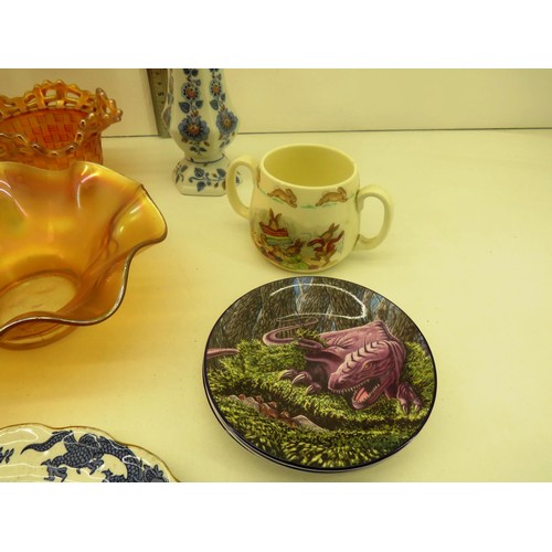 239 - CARNIVAL GLASS DISHES. ESTEE LAUDER POT POURI SHAKER, BUNNYKINS, TWO HANDLED CUP, MYOTT CUP, HUDSON ... 