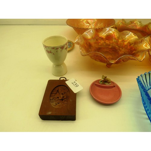 239 - CARNIVAL GLASS DISHES. ESTEE LAUDER POT POURI SHAKER, BUNNYKINS, TWO HANDLED CUP, MYOTT CUP, HUDSON ... 