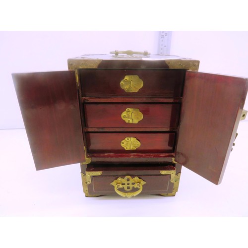 241 - VINTAGE ORIENTAL WOODEN JEWELLERY CABINET WITH INLAID CARVED JADE PANELS