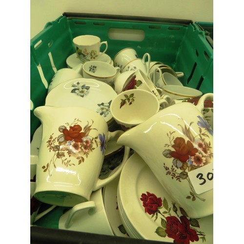 307 - PORCELAIN DINNER SET - SIX CUPS, SIX SAUCERS, TWO DISHES, FOUR PLATES, SUGAR BOWL, COFFEE POT, MILK ... 