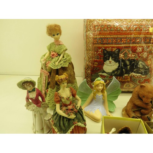 308 - ORNAMENTAL FIGURES AND THREE ORIENTAL DOLLS, PLUM BLOSSOM x2 AND ONE OTHER PICAPATCH CUSHION HANDMAD... 