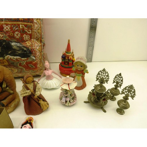 308 - ORNAMENTAL FIGURES AND THREE ORIENTAL DOLLS, PLUM BLOSSOM x2 AND ONE OTHER PICAPATCH CUSHION HANDMAD... 