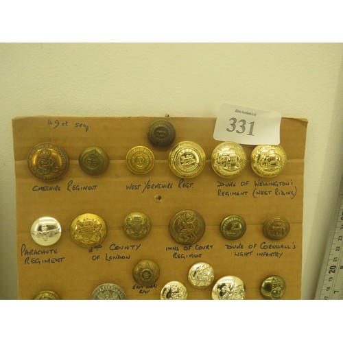 331 - MILITARY BUTTONS MOUNTED ON BOARD WEST YORKSHIRE REG, CHESHIRE REG- APPROXIMATLEY 84