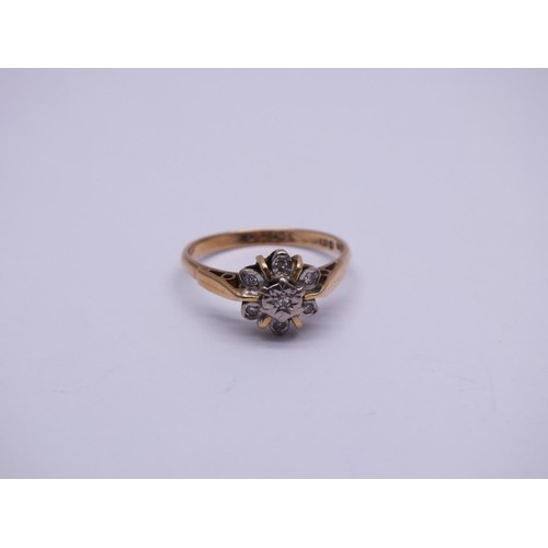 108 - 18ct GOLD DIAMOND CLUSTER RING SIZE M, 2.9g WITH RING BOX