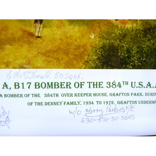 393 - FRAME PRINT OF B17 BOMBER TAKING OFF- SIGNED BY 7 WWII BOMBER COMMAND VETERANS - BY REG PAYNE