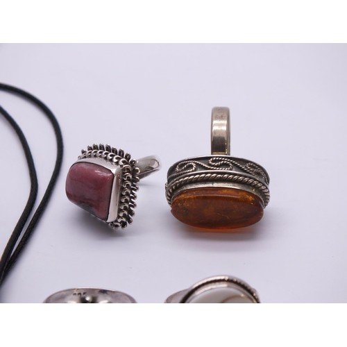 294 - 4 x 925 SILVER SEMI PRECIOUS RINGS AND RHODONITE AND 925 SILVER PENDANTS, AMBER ETC