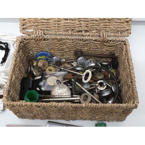 53 - TUB OF MISCELLANEOUS ITEMS INCLUDES CORKSCRES, WHISTLE, COINS ETC