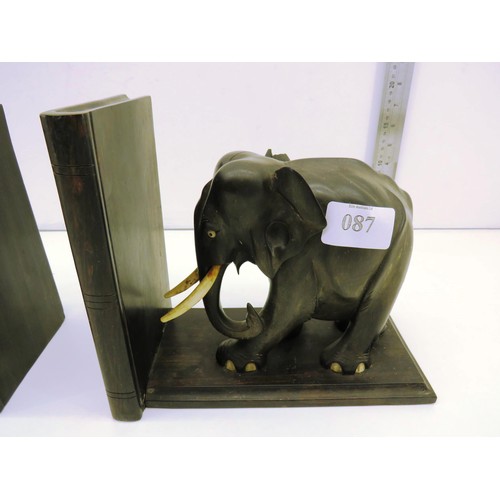 87 - PAIR OF VICTORIAN WOODEN ELEPHANT BOOK ENDS (SLIGHT DAMAGE ON ONE EAR)