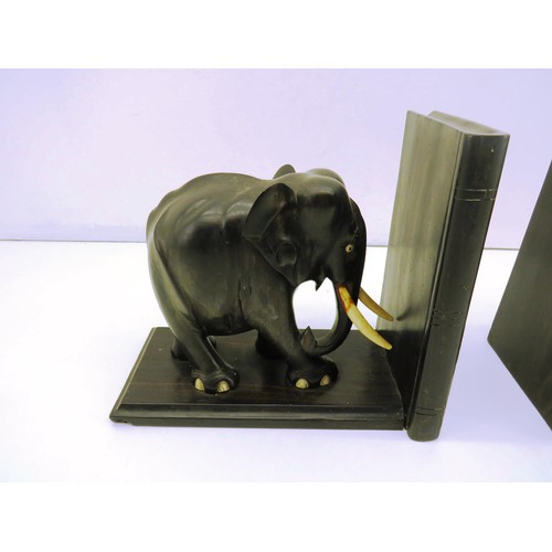 87 - PAIR OF VICTORIAN WOODEN ELEPHANT BOOK ENDS (SLIGHT DAMAGE ON ONE EAR)