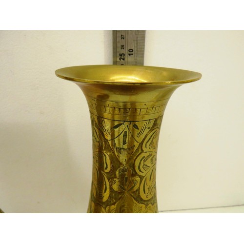 126 - BRASS ORNAMENTS TO INCLUDE TWO PAIRS OF VASES, PAIR OF CANDLESTICKS AND WALL FIXED CANDLE HOLDER