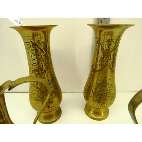 126 - BRASS ORNAMENTS TO INCLUDE TWO PAIRS OF VASES, PAIR OF CANDLESTICKS AND WALL FIXED CANDLE HOLDER