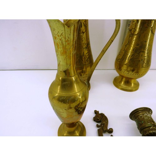 126 - BRASS ORNAMENTS TO INCLUDE TWO PAIRS OF VASES, PAIR OF CANDLESTICKS AND WALL FIXED CANDLE HOLDER