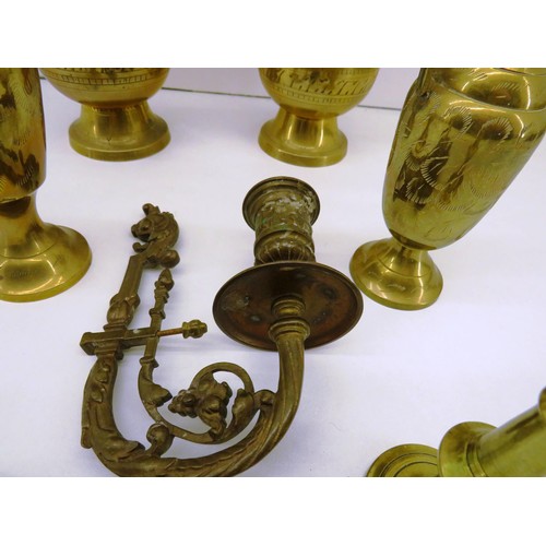 126 - BRASS ORNAMENTS TO INCLUDE TWO PAIRS OF VASES, PAIR OF CANDLESTICKS AND WALL FIXED CANDLE HOLDER