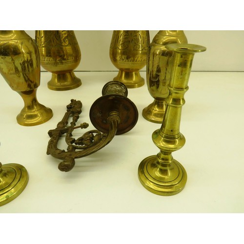 126 - BRASS ORNAMENTS TO INCLUDE TWO PAIRS OF VASES, PAIR OF CANDLESTICKS AND WALL FIXED CANDLE HOLDER