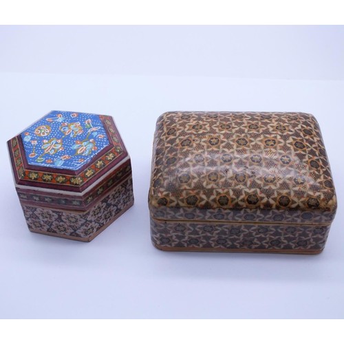 257 - 2 x VINTAGE KHATAM PERSIAN MICRO MOSAIC MARQUETRY INLAID WOODEN JEWELLLERY/TRINKET BOXES