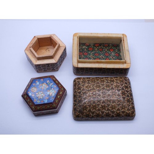 257 - 2 x VINTAGE KHATAM PERSIAN MICRO MOSAIC MARQUETRY INLAID WOODEN JEWELLLERY/TRINKET BOXES