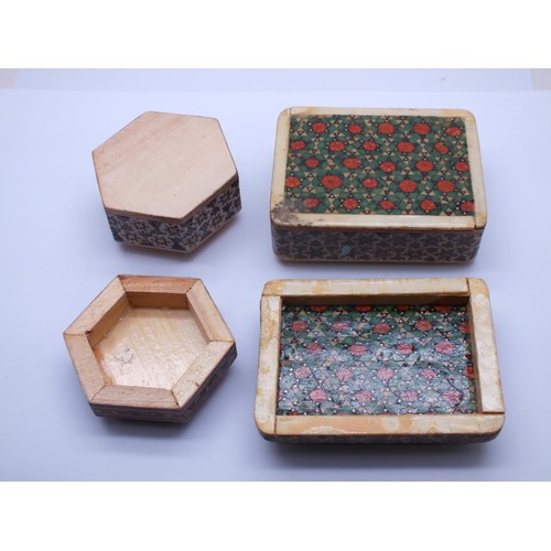 257 - 2 x VINTAGE KHATAM PERSIAN MICRO MOSAIC MARQUETRY INLAID WOODEN JEWELLLERY/TRINKET BOXES