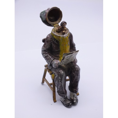 160 - VINTAGE AUSTRIAN COLD PAINTED METAL TABLE LIGHTER - MAN WEARING TAM O SHANTER SITTING IN A CHAIR REA... 