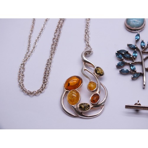 266 - SILVER AND GEMSTONE JEWELLERY INCLUDES TWO AMBER NECKLACES, BROOCH, MOONSTONE PENDANT, EARRINGS ETC