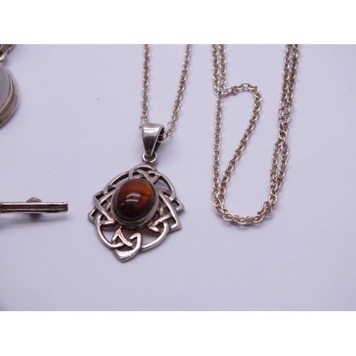 266 - SILVER AND GEMSTONE JEWELLERY INCLUDES TWO AMBER NECKLACES, BROOCH, MOONSTONE PENDANT, EARRINGS ETC