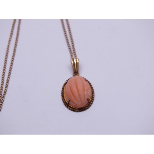 280 - ANTIQUE 9ct GOLD CARVED PINK CORAL PENDANT  ON 18