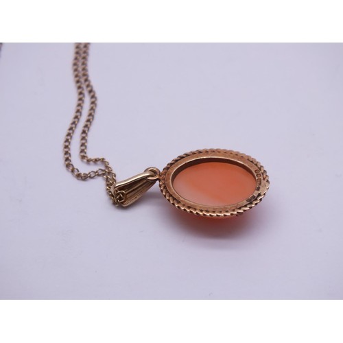 280 - ANTIQUE 9ct GOLD CARVED PINK CORAL PENDANT  ON 18