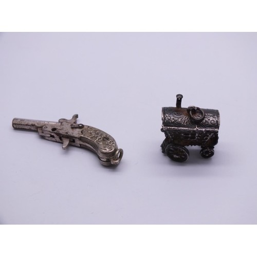 285 - VINTAGE MINIATURE FLINTLOCK PISTOL AND SILVER TONE GYPSY CARAVAN PENDANT