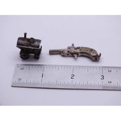 285 - VINTAGE MINIATURE FLINTLOCK PISTOL AND SILVER TONE GYPSY CARAVAN PENDANT