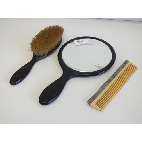 201 - EBONY AND SILVER BRUSH AND COMB SET