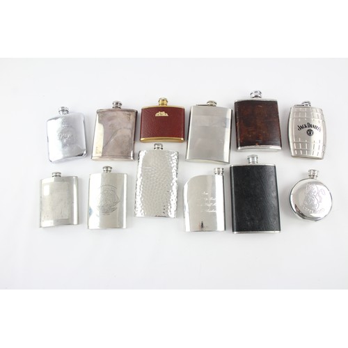 405 - 12 x Vintage BREWERIANA Hip Flasks Inc Leather, Pewter, JACK DANIELS Etc