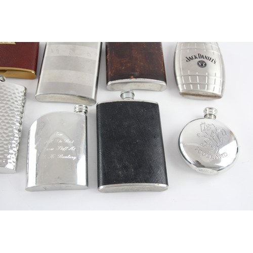 405 - 12 x Vintage BREWERIANA Hip Flasks Inc Leather, Pewter, JACK DANIELS Etc