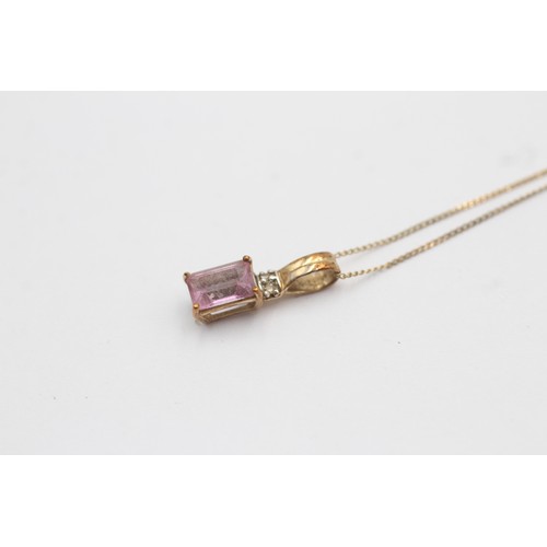 448 - 9ct gold diamond & pink topaz pendant necklace (0.9g)