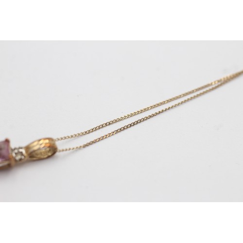 448 - 9ct gold diamond & pink topaz pendant necklace (0.9g)