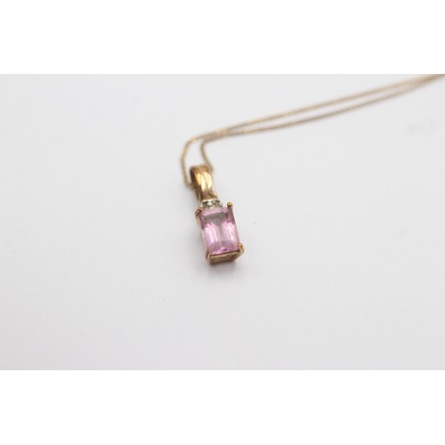 448 - 9ct gold diamond & pink topaz pendant necklace (0.9g)