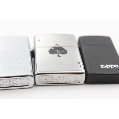 505 - 3 x Assorted ZIPPO Cigarette Lighters Inc Ace of Spades, Rush, Slim etc