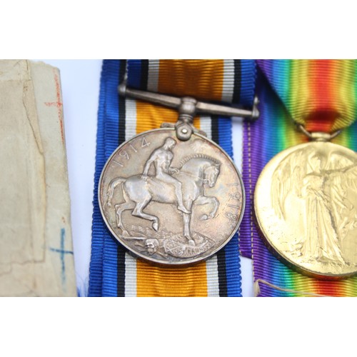 517 - Boxed WW1 Medal Pair & Original Long Ribbons Named Pte Kenney Royal Warwickshire