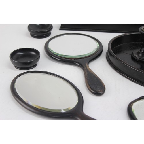 547 - Job Lot Antique / Vintage Ebony Vanity Inc Mirror, Brush, Trays Etc