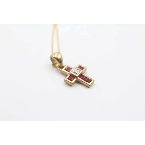 576 - 9ct gold diamond & ruby cross pendant necklace (1.5g)