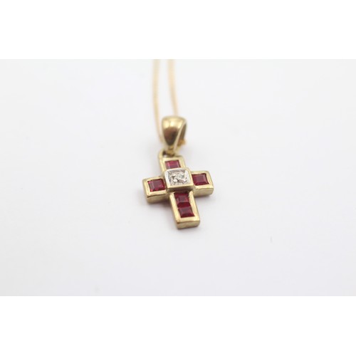 576 - 9ct gold diamond & ruby cross pendant necklace (1.5g)