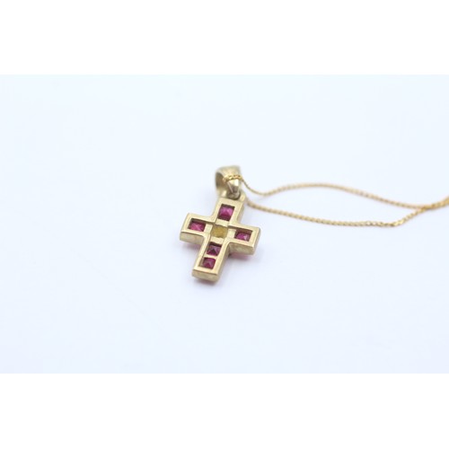 576 - 9ct gold diamond & ruby cross pendant necklace (1.5g)