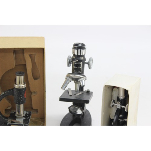 599 - 7 x Vintage Student Microscopes Inc Boxed MERIT 70x, Boxed KIBRO 100-300x, Etc