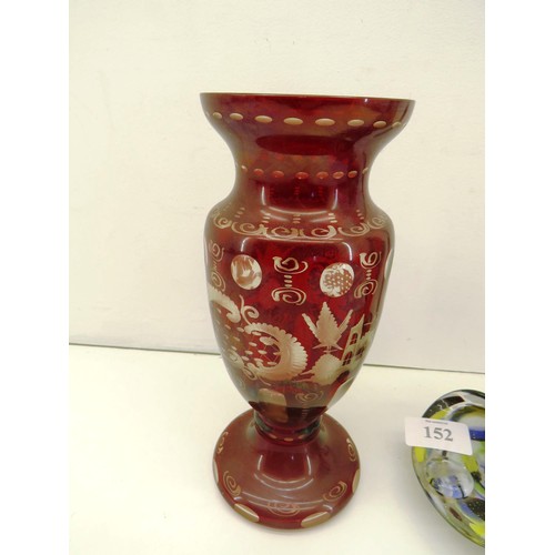 152 - MURANO GLASS FLYING FISH VASE AND CRANBERRY ETCHED GLASS VASE