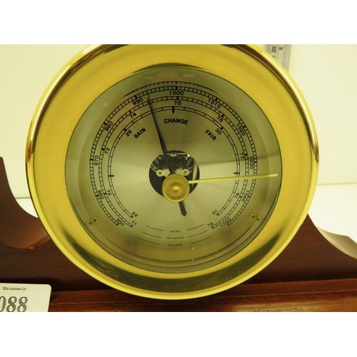 88 - BRASS CLOCK AND BAROMETER SET ON A WOODEN STAND APPROXIMATE SIZE LENGTH 53CM x HEIGHT 17.5CM