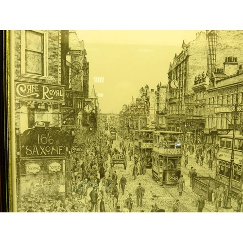 95 - LARGE WOOD FRAMED PRINT OF OLD STREET SCENE WITH TRAMS BY PETER.K.LAPISH 1981 SIZE LENGTH 34