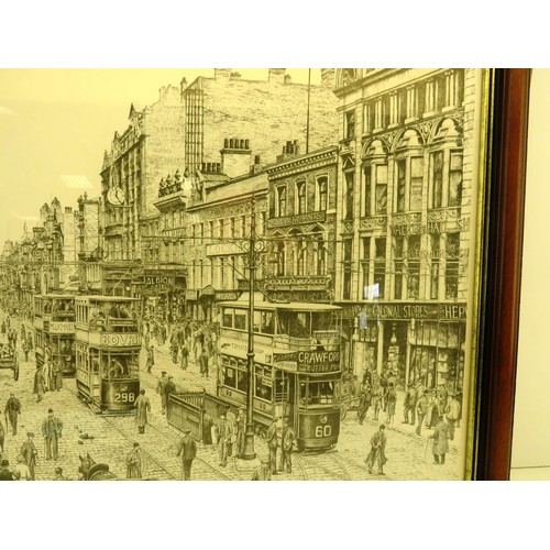 95 - LARGE WOOD FRAMED PRINT OF OLD STREET SCENE WITH TRAMS BY PETER.K.LAPISH 1981 SIZE LENGTH 34