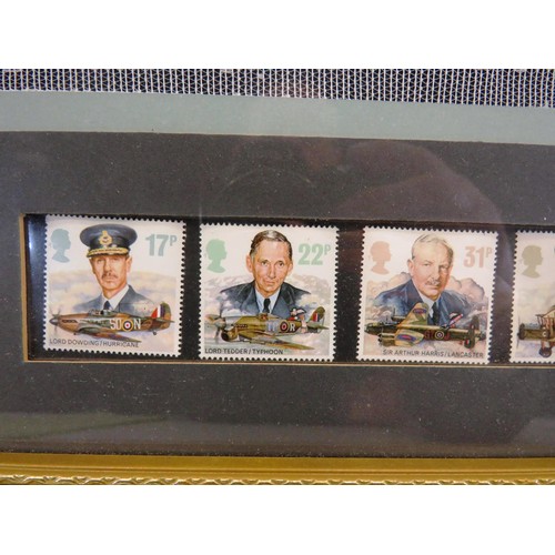 70 - LARGE FRAMED BATTLE OF BRITAIN 1940 WITH FIVE STAMPS AND SIGNATURES APPROXIMATE SIZE 60cm x 50cm