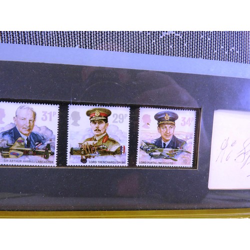 70 - LARGE FRAMED BATTLE OF BRITAIN 1940 WITH FIVE STAMPS AND SIGNATURES APPROXIMATE SIZE 60cm x 50cm