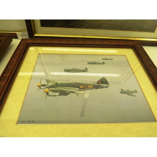 71 - FOUR ASSORTED MILITARY AIRCRAFT PICTURES TO INCLUDE EMBOSSED COPPER RAF NIMROD AND SPITFIRE PRINTS