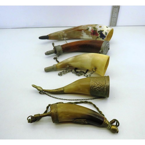 61 - FIVE ASSORTED BUGLES AND POWDER HORNS INCLUDES WOOD AND NATURAL COW HORN